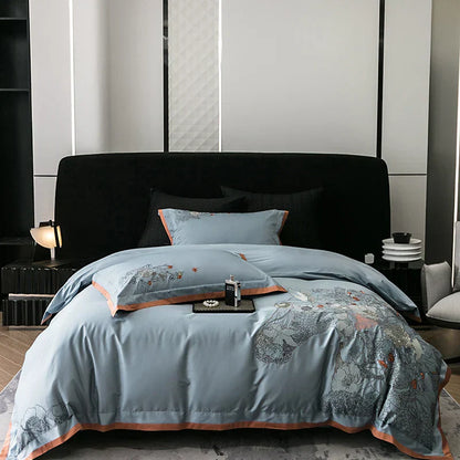 DecorBites™ Cotton Flowers Horse Embroidery Luxury Bedding Set - Duvet Cover, Bed Sheet, Pillowcases