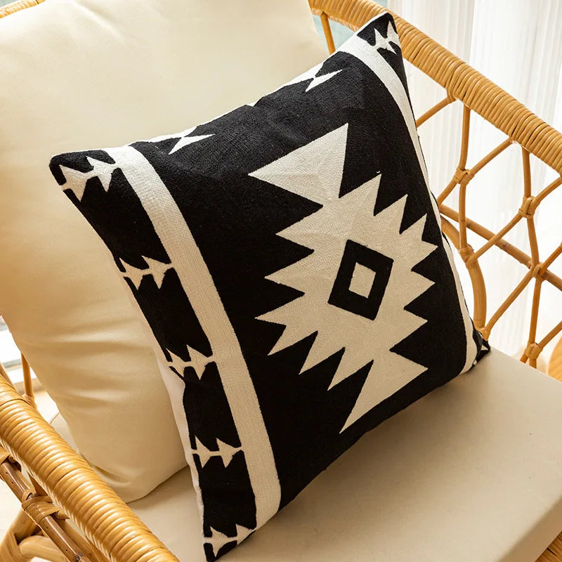 DecorBites™ Geometric Embroidered Cushion Cover - Modern Black & White Pillowcase for Home Sofa