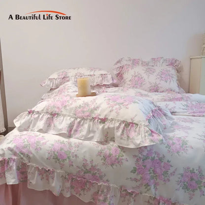 DecorBites™ French Rose Flowers Print Lace Ruffles Cotton Bedding Set - Duvet, Bed Skirt, Sheets & Pillowcases