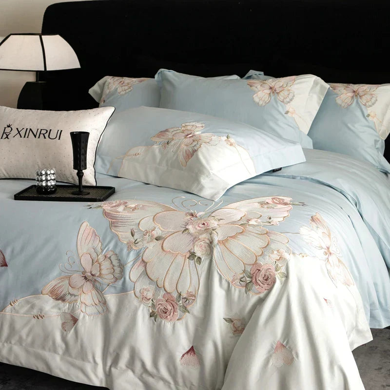 DecorBites™ Luxe Butterfly Flowers Embroidery Bedding Set 800TC Egyptian Cotton Duvet Covers Sheets Pillowcases