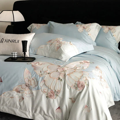 DecorBites™ Luxe Butterfly Flowers Embroidery Bedding Set 800TC Egyptian Cotton Duvet Covers Sheets Pillowcases