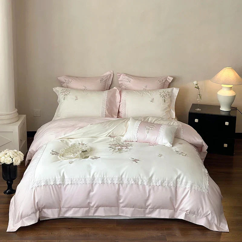 DecorBites™ Flowers Embroidery Lace Princess Bedding Set 1000TC Egyptian Cotton Duvet Cover Set
