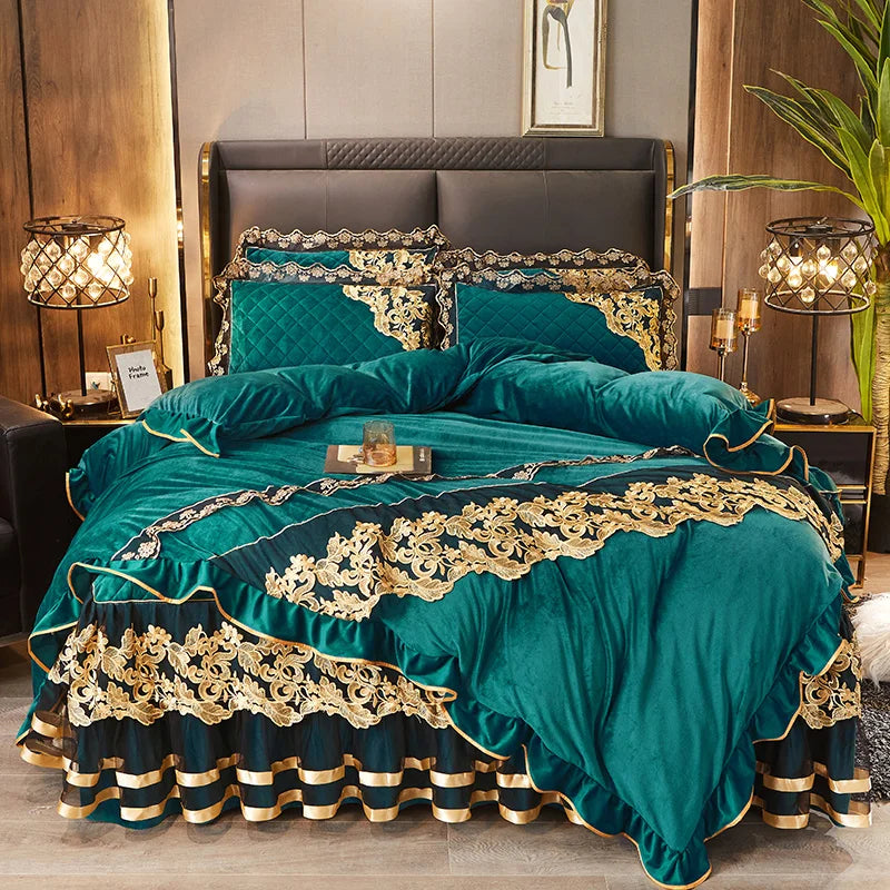 DecorBites™ Black Gold Lace Duvet Set, Luxury Crystal Velvet, Quilted Embroidery, Ruffle Bedding