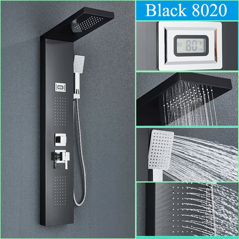 DecorBites™ Black Shower Panel Column Wall Mount Rainfall Waterfall Faucet Hot Cold Mixer Tap