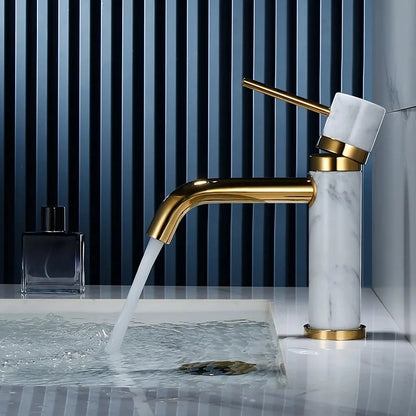 DecorBites™ Brushed Gold Bathroom Faucet with Swivel Spout and Marble Accents