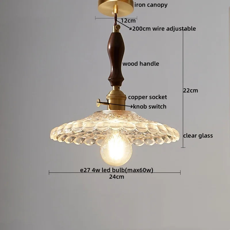 DecorBites™ LED Pendant Light Fixture Wood Handle Clear Glass Modern Hanging Lamp