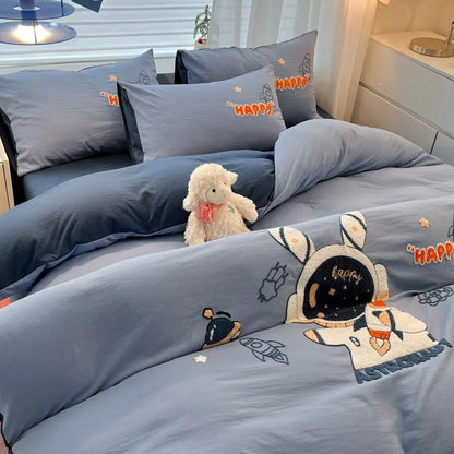 DecorBites™ Cartoon Pattern Embroidered Bedding Sets: Cozy, Soft, and Breathable for Kids and Adults