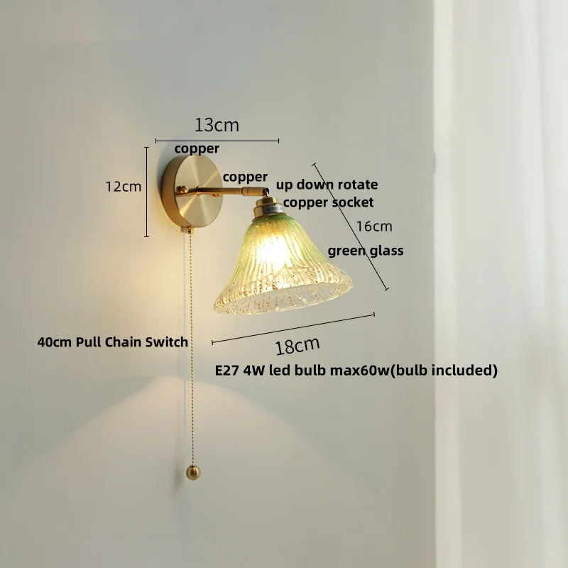 DecorBites™ Blue Glass Wall Sconce Pull Chain Switch Rotate Stair Light