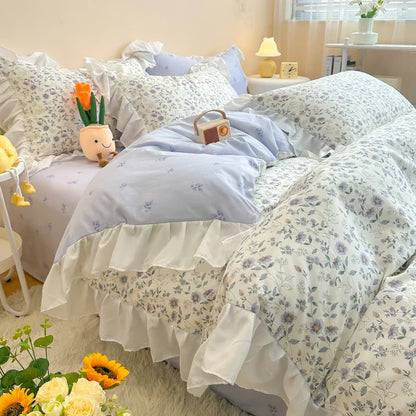 DecorBites™ Korean Princess Floral Ruffles Bedding Set: Single/Queen Duvet, Cover, & Pillowcases