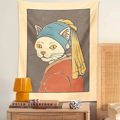 DecorBites™ Cat With Pearl Earring Metal Wall Hanging Tapestry Art