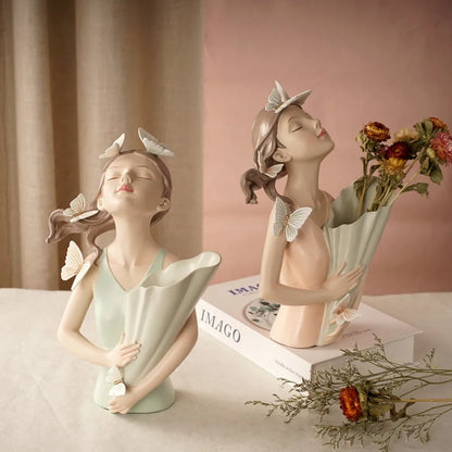 DecorBites™ 30cm Pink Butterfly Girl Vase Statue Modern Home Decor Resin Figurines
