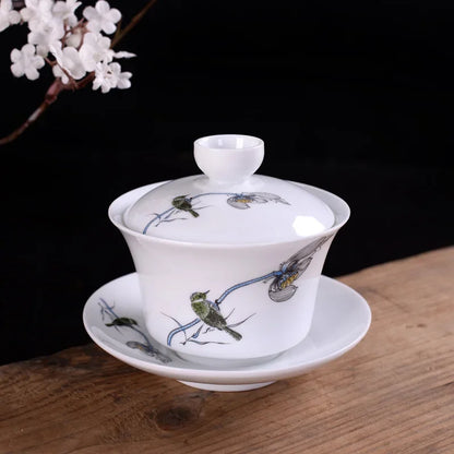DecorBites™ Blue & White Porcelain Gaiwan Tea Set Puer Tea Cups Soup Bowl with Lid