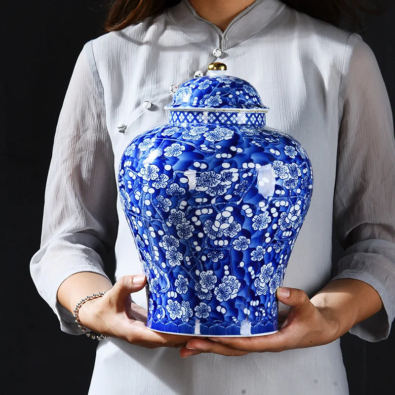 DecorBites™ Blue White Porcelain General Jar Tea Pot Sealed Storage Tank Home Decor