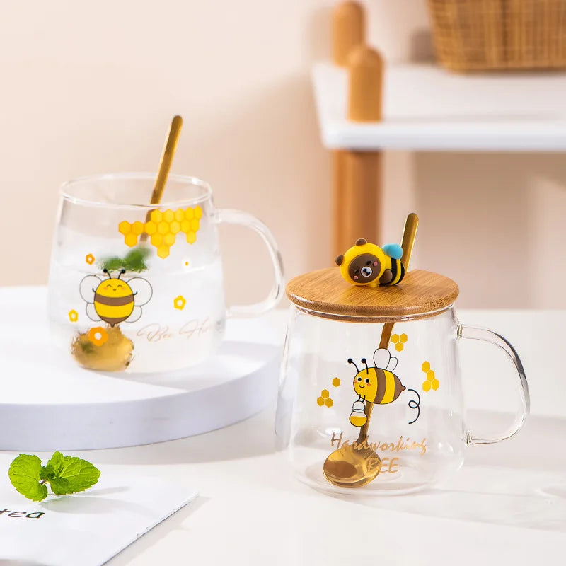 DecorBites™ Bee Glass Spoon Milk Cup Breakfast Coffee Mug with Lid
