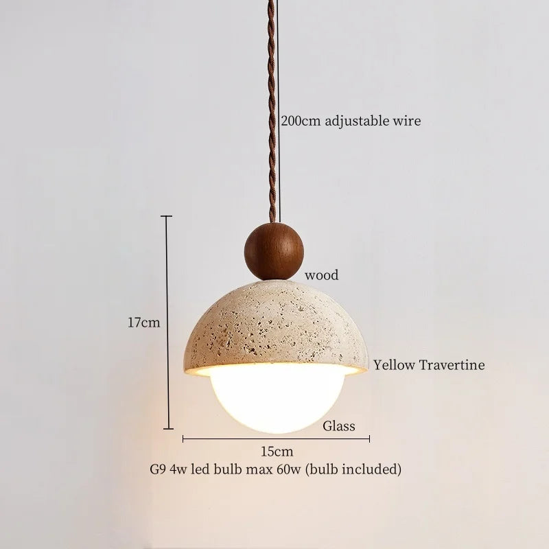DecorBites™ LED Pendant Lights Yellow Travertine Wood Hanging Lamp for Bedroom Dining Room