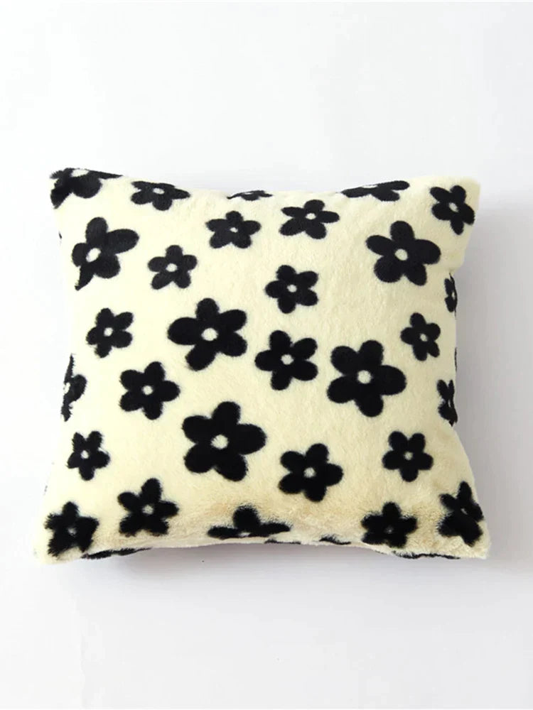 DecorBites™ Black/White Flower Cow Pattern Plush Cushion Cover 50x50 - Double Sided Print