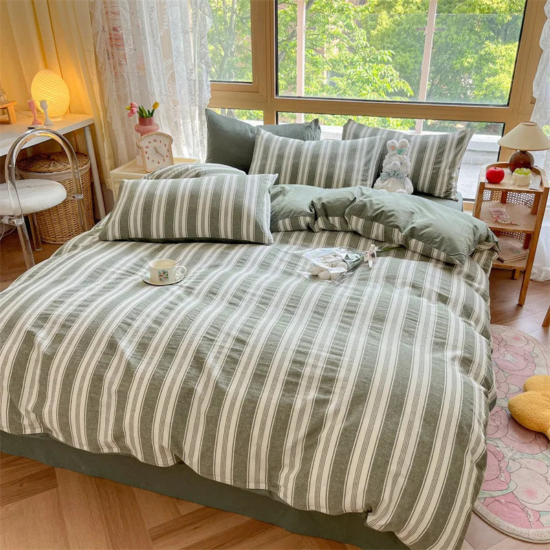 DecorBites™ Cotton Striped Bedding Set Yarn Dyed Washed Duvet Cover Single Bedclothes