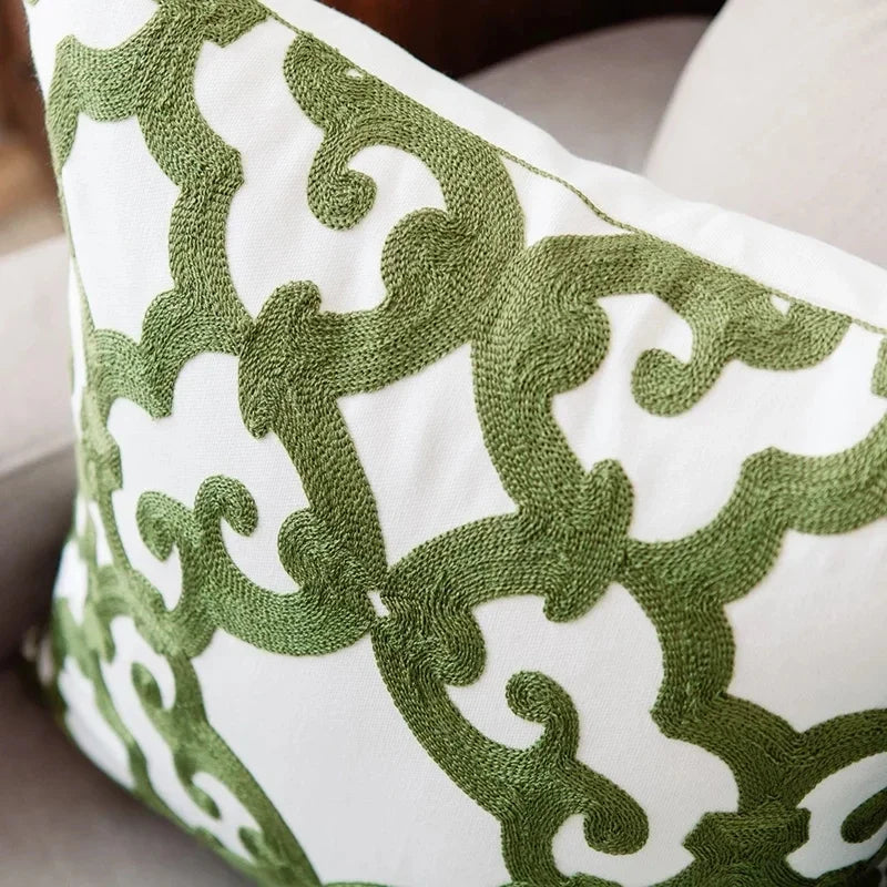 ™ Green Geometric Canvas Cotton Embroidered Cushion Cover 45x45cm