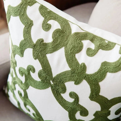 ™ Green Geometric Canvas Cotton Embroidered Cushion Cover 45x45cm