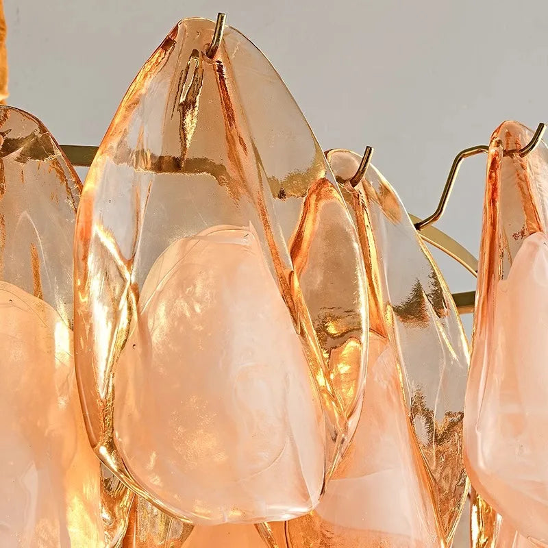 DecorBites™ Gold Chrome Dimmable Amber Glass Petal Chandelier – French Design Luxury Hanglamp