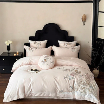 DecorBites™ 5-Piece Chinese Flowers Bird Embroidery Bedding Set, 1000TC Egyptian Cotton, Queen King