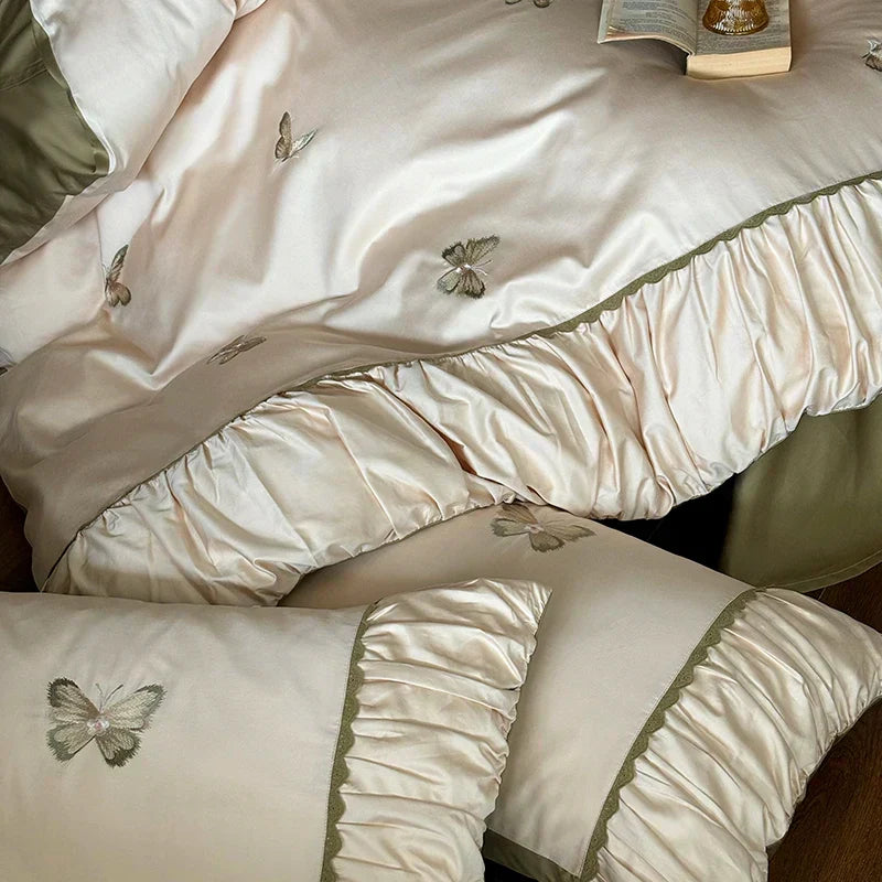 DecorBites™ Butterfly Embroidery 1000TC Egyptian Cotton Bedding Set with Duvet Cover, Sheet, Pillowcases