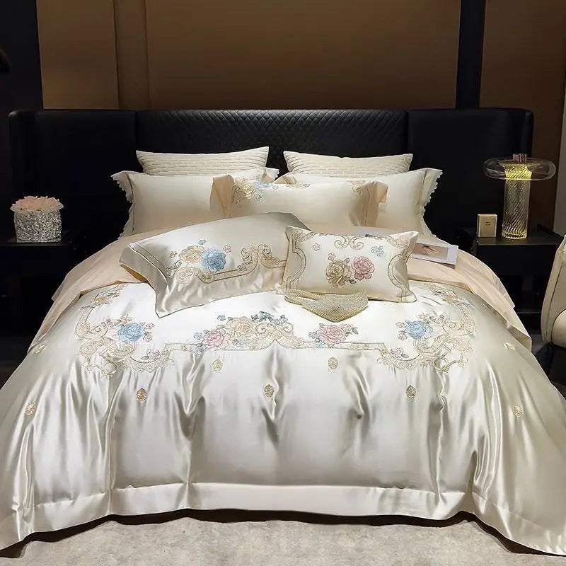 DecorBites™ Luxe Brocade Cotton Flowers Embroidery Bedding Set Cream/Champagne Patchwork