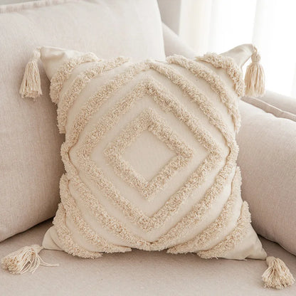 DecorBites™ Geometric Tufted Tassel Pillowcases Cotton Linen Handmade Fringed Throw Pillow Covers