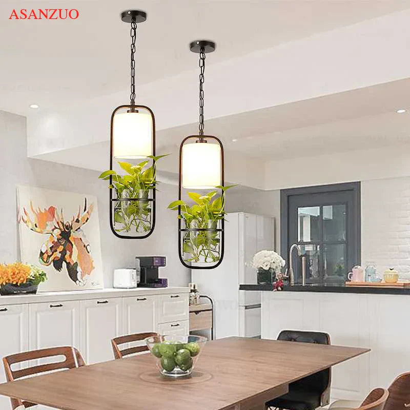 DecorBites™ Black Iron Cage Pendant Light with Glass Cloth Shade E14 Loft Hanging Lamp