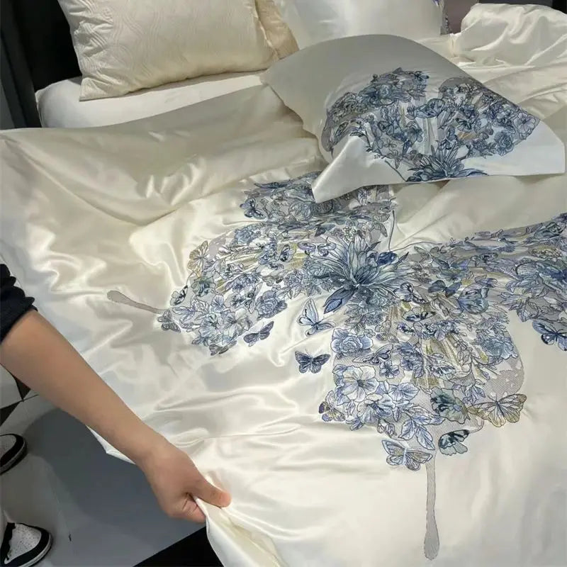DecorBites™ Butterfly Flowers Embroidery Luxury Bedding Set 4Pcs