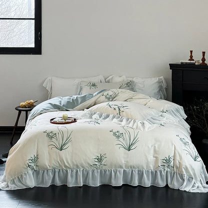DecorBites™ Lace Ruffles Princess Cotton Bedding Set, Floral Quilt Cover, Girls Wedding Home Textiles
