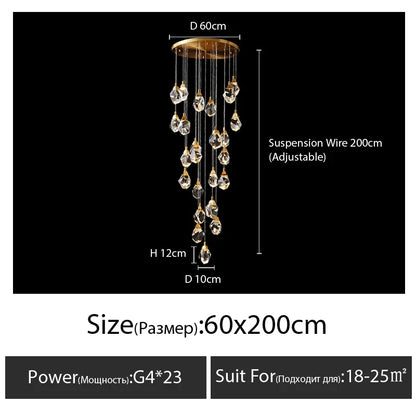DecorBites™ Diamond Crystal Chandelier Staircase LED Golden Chandeliers Lighting for Luxurious Home Décor