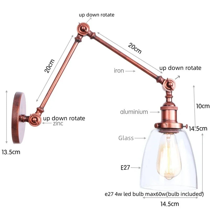 DecorBites™ Adjustable Glass Swing Arm LED Wall Sconce with Pull Chain Switch