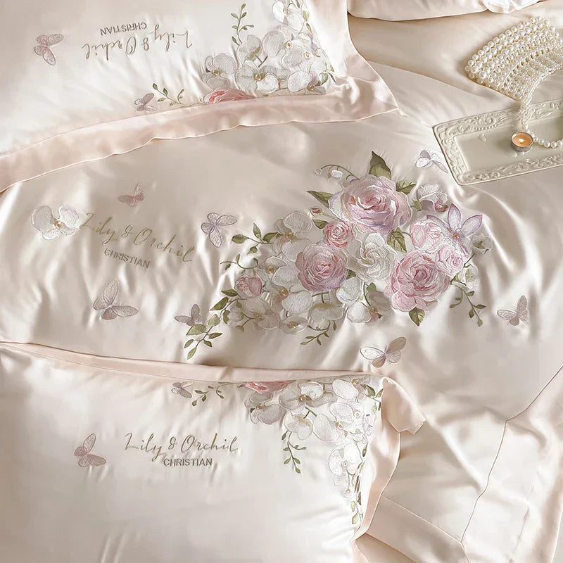 DecorBites™ Butterfly Flowers Embroidery Bedding Set 800TC Soft Silky Duvet Cover Set