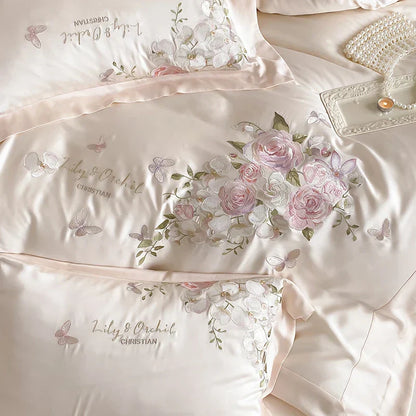 DecorBites™ Butterfly Flowers Embroidery Bedding Set 800TC Soft Silky Duvet Cover Set