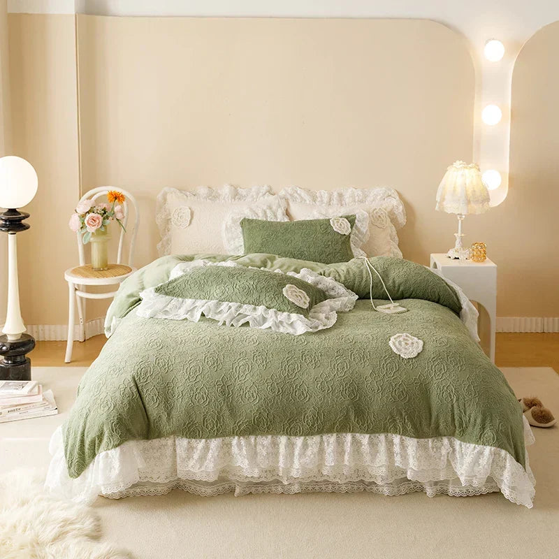 ™ Luxe Carved Velvet Lace Ruffles Bedding Set with Quilted Bed Skirt