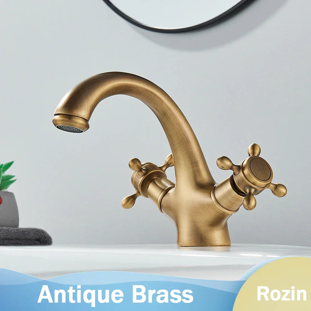 DecorBites™ Antique Brass Dual Handle Basin Faucet Deck Mounted Bathroom Mixer Tap