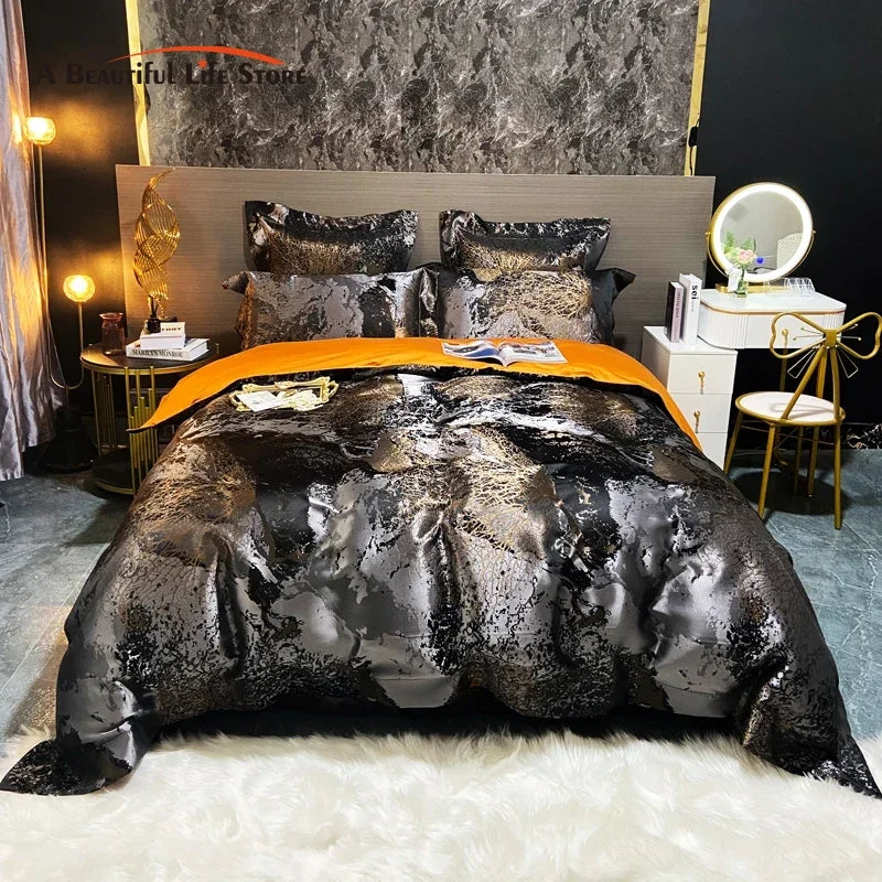 DecorBites™ Black Gold Jacquard Egyptian Cotton Bedding Set, Satin Duvet Cover, Fitted Sheet Pillowcases