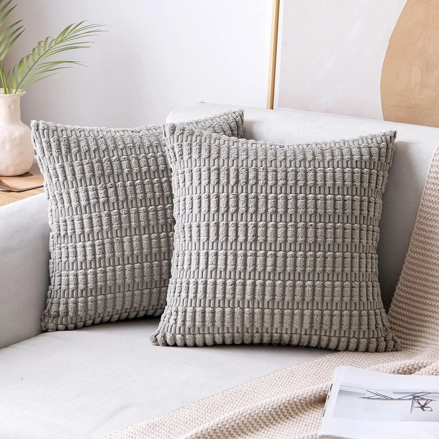 DecorBites™ Black Striped Corduroy Throw Pillow Cover 18x18 Inch Square Cushion Case White Pillowcase