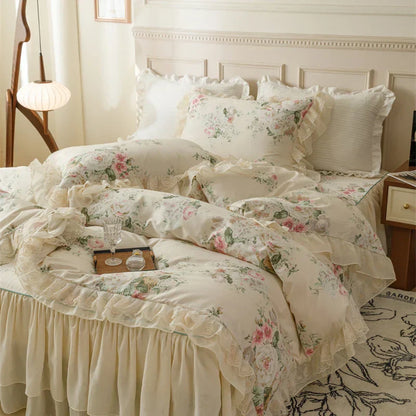 French country flowers cream floral ruffled bedding set bedroom