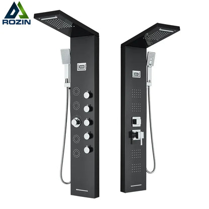 DecorBites™ Black Massage Jet Rainfall Shower Panel with Temperature Display 5 Modes