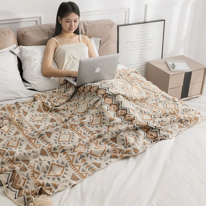 DecorBites™ Bohemian Knitted Oat White Tassel Blanket - Home Office Air Conditioning Nap Decor