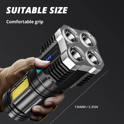 DecorBites™ LED Flashlight: High-light with 4 Lamp Beads, COB Floodlight, USB Rechargeable Outdoor Torch