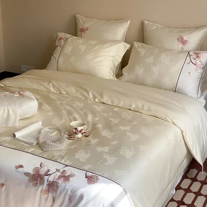 DecorBites™ Chinese Floral Embroidery Lyocell Cotton Bedding Set with Silky Softness