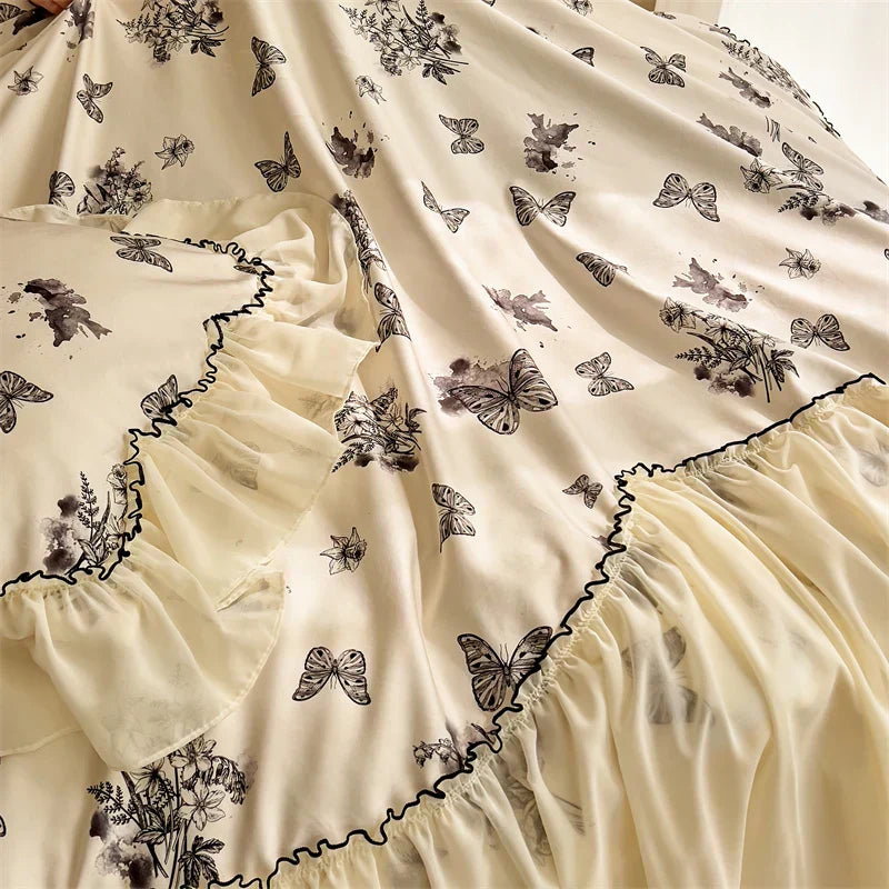 DecorBites™ Beige Lace Ruffles Butterfly Flowers Print Bedding Set with Egyptian Cotton Quality