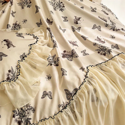 DecorBites™ Beige Lace Ruffles Butterfly Flowers Print Bedding Set with Egyptian Cotton Quality