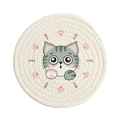 DecorBites™ Cat Print Round Woven Coaster Cup Mat Table Heat Insulation Pad