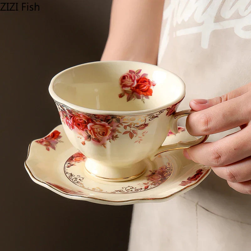 DecorBites™ Blooming Roses Porcelain Coffee Mug with Golden Edge & Saucer
