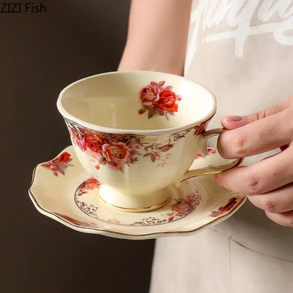 DecorBites™ Blooming Roses Porcelain Coffee Mug with Golden Edge & Saucer
