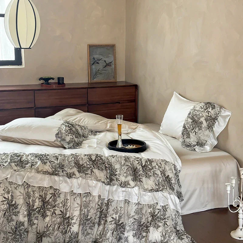 DecorBites™ Luxe Lace Ruffles Wedding Bedding Set: Duvet Cover, Bed Sheet, 2 Pillowcases
